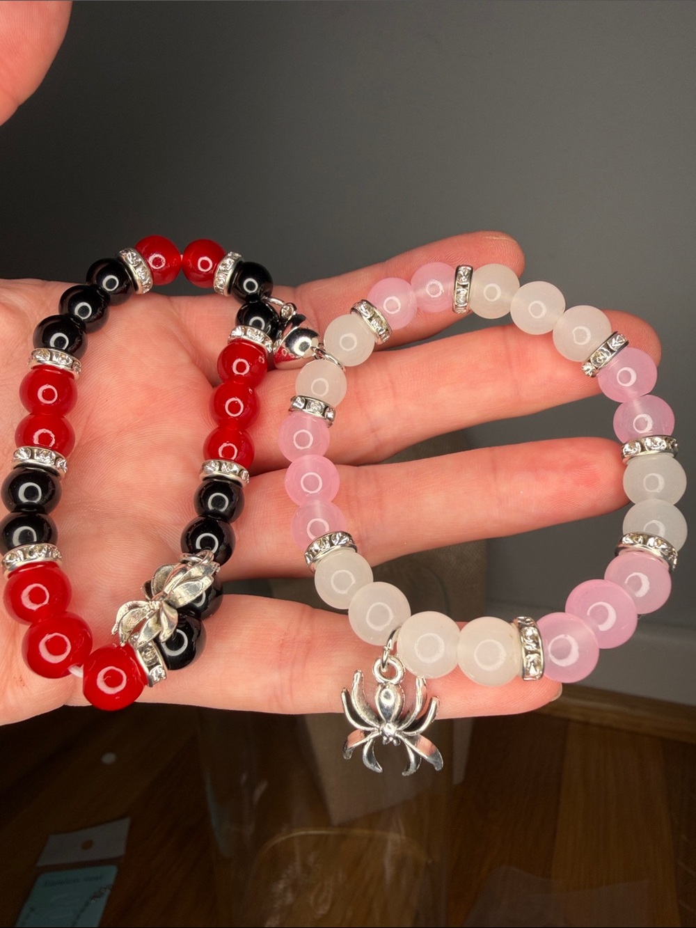 Set of two couples Beaded Stretch Bracelet with Spider Charm& ❤️ connector